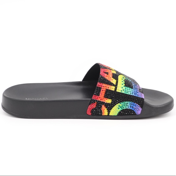 New Michael Kors 7 Gilmore Embellished Slide Sandals Black Multi - Picture 8 of 16